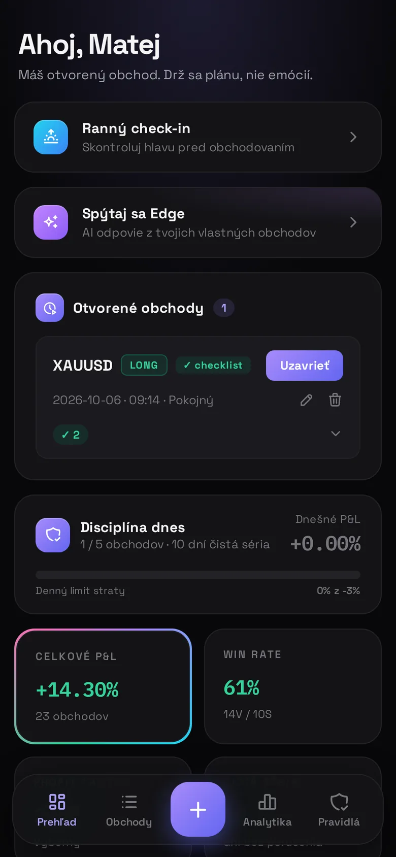 Prehľad v aplikácii Edge: ranný check-in, otvorený obchod, disciplína dňa a P&L
